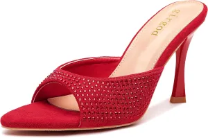 Rhinestone Heels for Women Open Pointed Toe Heels Sparkly Slip On Mule Heels Wedding Dressy Pumps