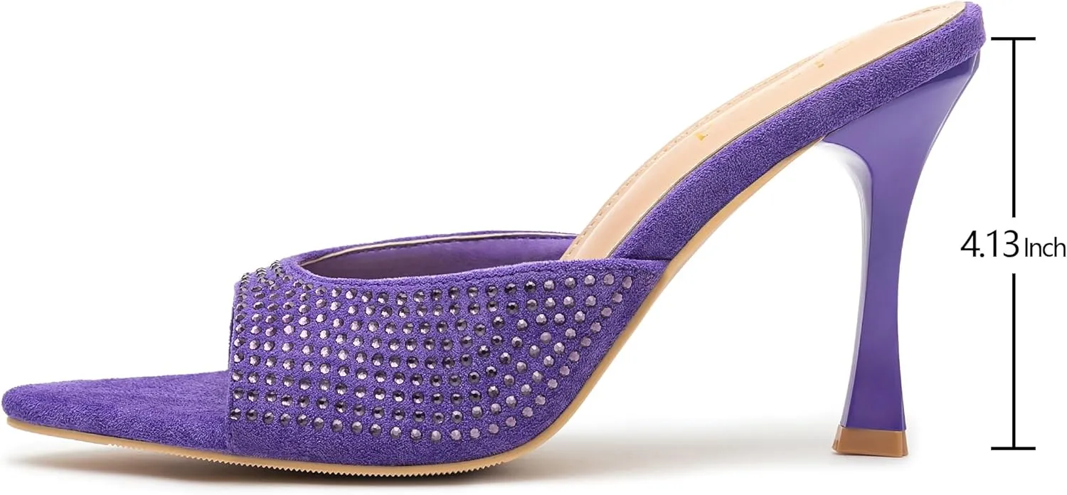 Rhinestone Heels for Women Open Pointed Toe Heels Sparkly Slip On Mule Heels Wedding Dressy Pumps