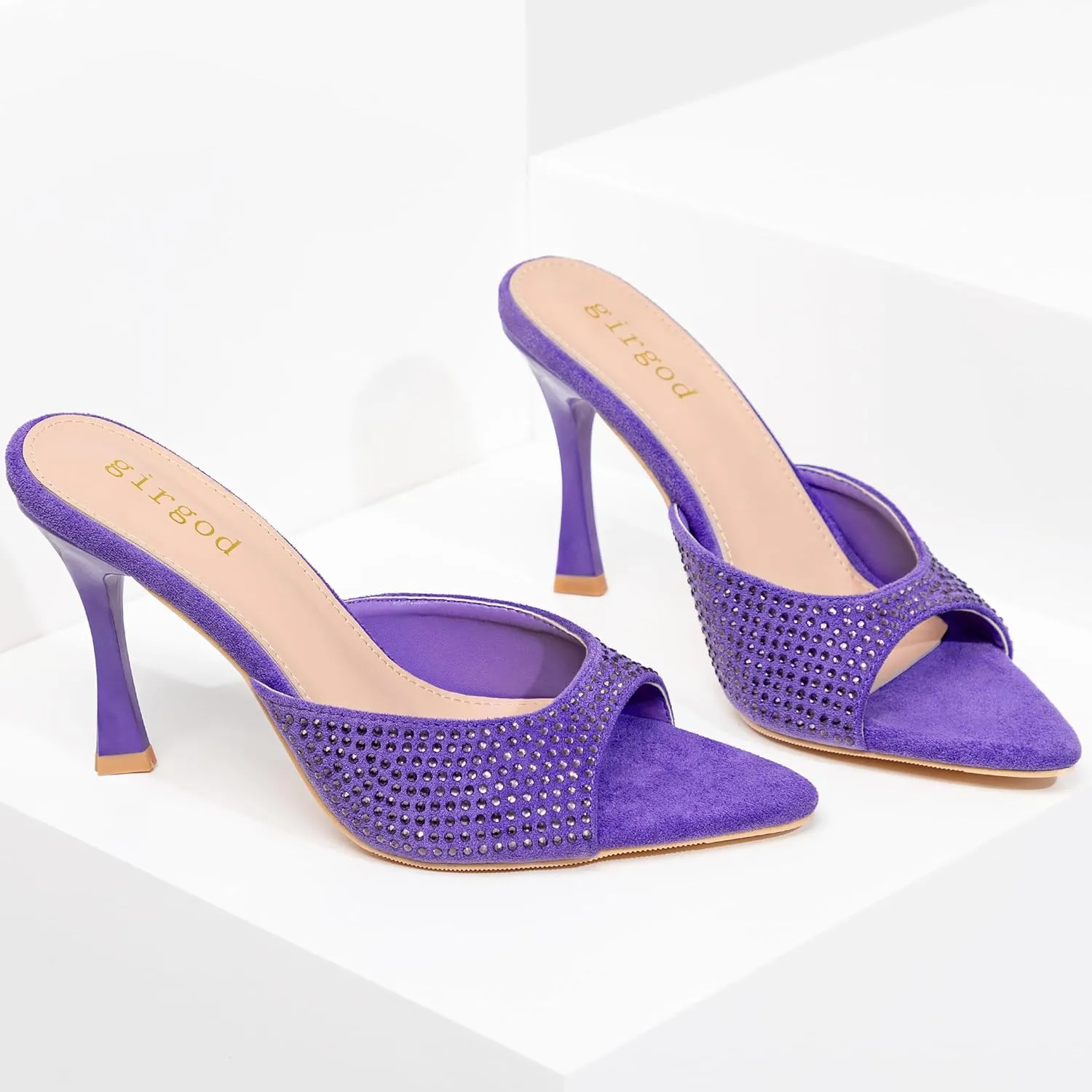 Rhinestone Heels for Women Open Pointed Toe Heels Sparkly Slip On Mule Heels Wedding Dressy Pumps