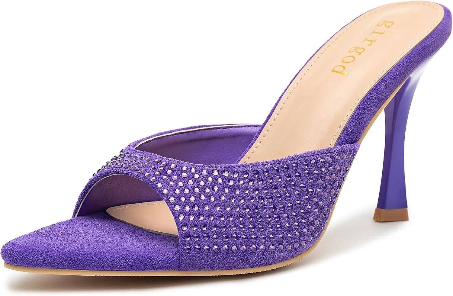 Rhinestone Heels for Women Open Pointed Toe Heels Sparkly Slip On Mule Heels Wedding Dressy Pumps