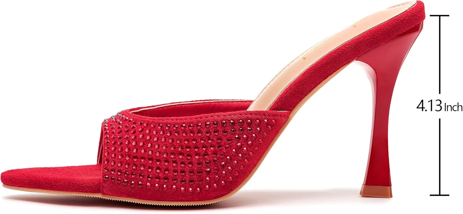 Rhinestone Heels for Women Open Pointed Toe Heels Sparkly Slip On Mule Heels Wedding Dressy Pumps