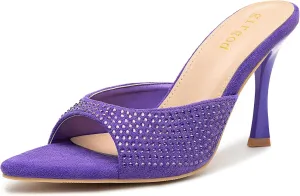Rhinestone Heels for Women Open Pointed Toe Heels Sparkly Slip On Mule Heels Wedding Dressy Pumps