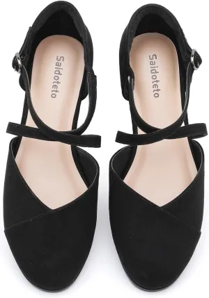 Saidoteto Women's Ankle Strap Flats - Comfortable Round Toe Dress Shoes with Adjustable Buckle, Criss-Cross Design for Work, Wedding, Office & Casual. Black Size 9 WFT240810-03
