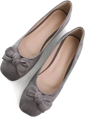 SAILING LU Cute Bow Black Ballet Flats Suede Dress Shoes for Women Comfortable Dressy Square Toe Walking Flats Shoes Slip Ons Business Casual