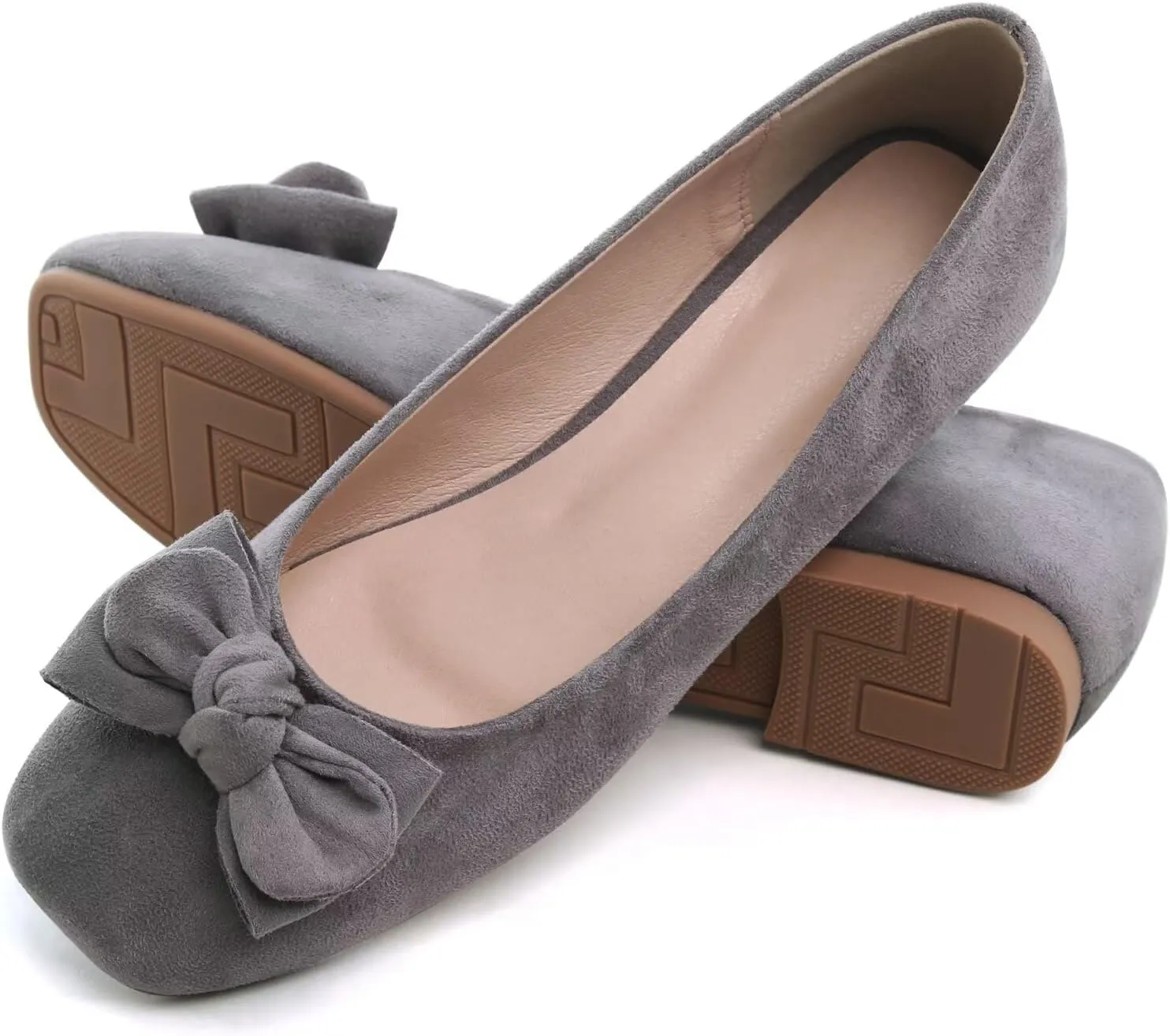 SAILING LU Cute Bow Black Ballet Flats Suede Dress Shoes for Women Comfortable Dressy Square Toe Walking Flats Shoes Slip Ons Business Casual