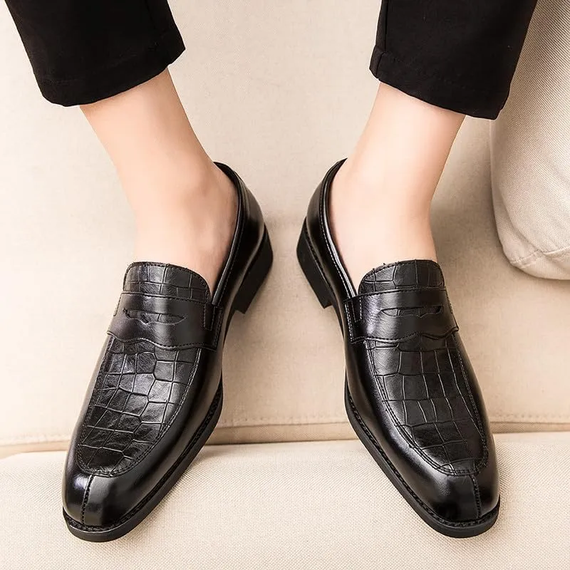 Santimon Mens Penny Loafers with Alligator Print Leather Business Dress Slip on Formal Loafer Shoes for Men