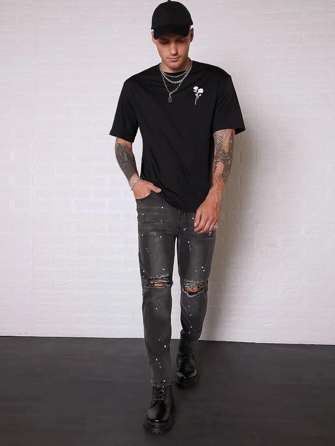 SHENHE Men's Graphic Floral Letter Print Short Sleeve Round Neck T Shirt Tee Tops