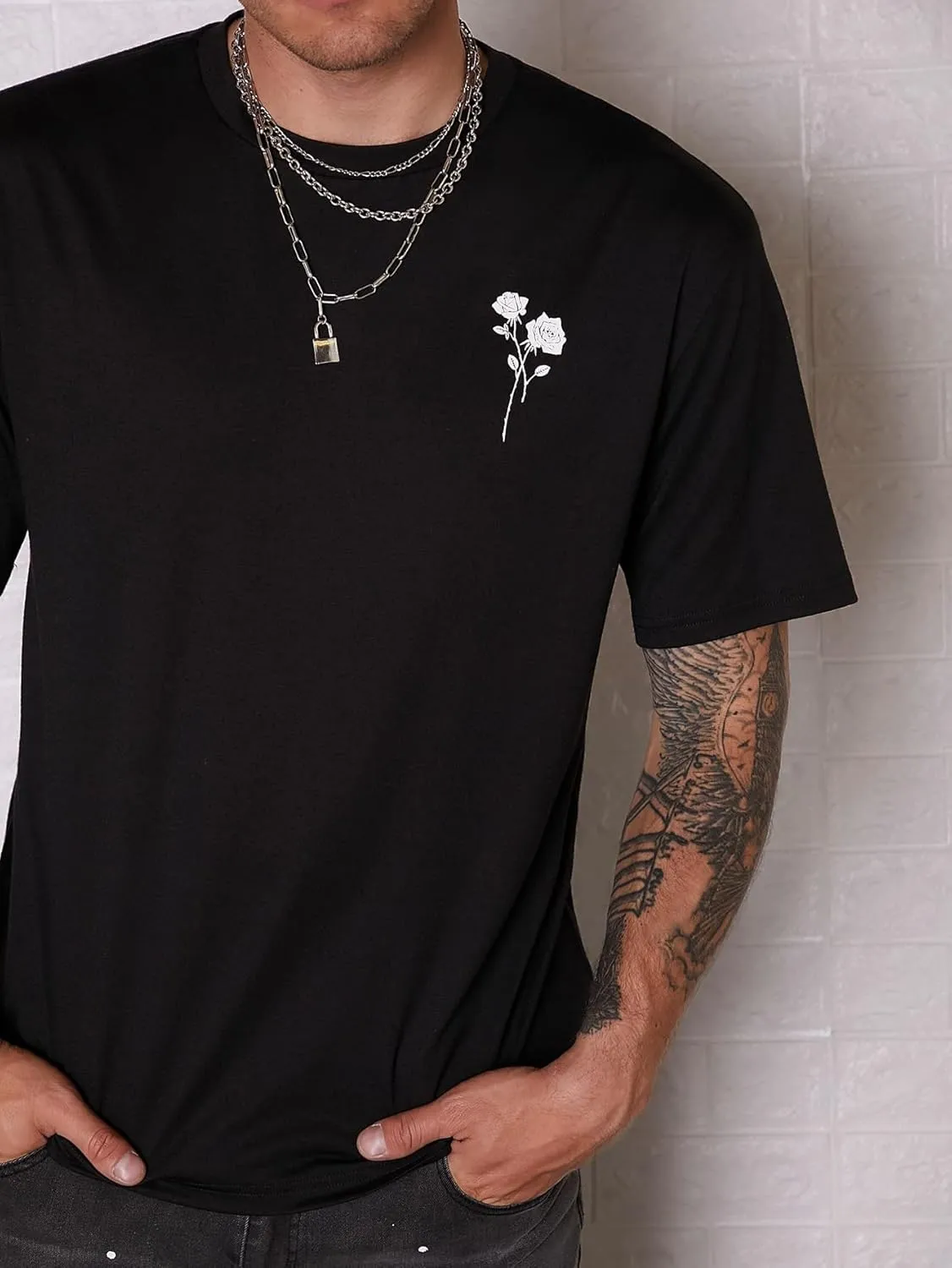 SHENHE Men's Graphic Floral Letter Print Short Sleeve Round Neck T Shirt Tee Tops