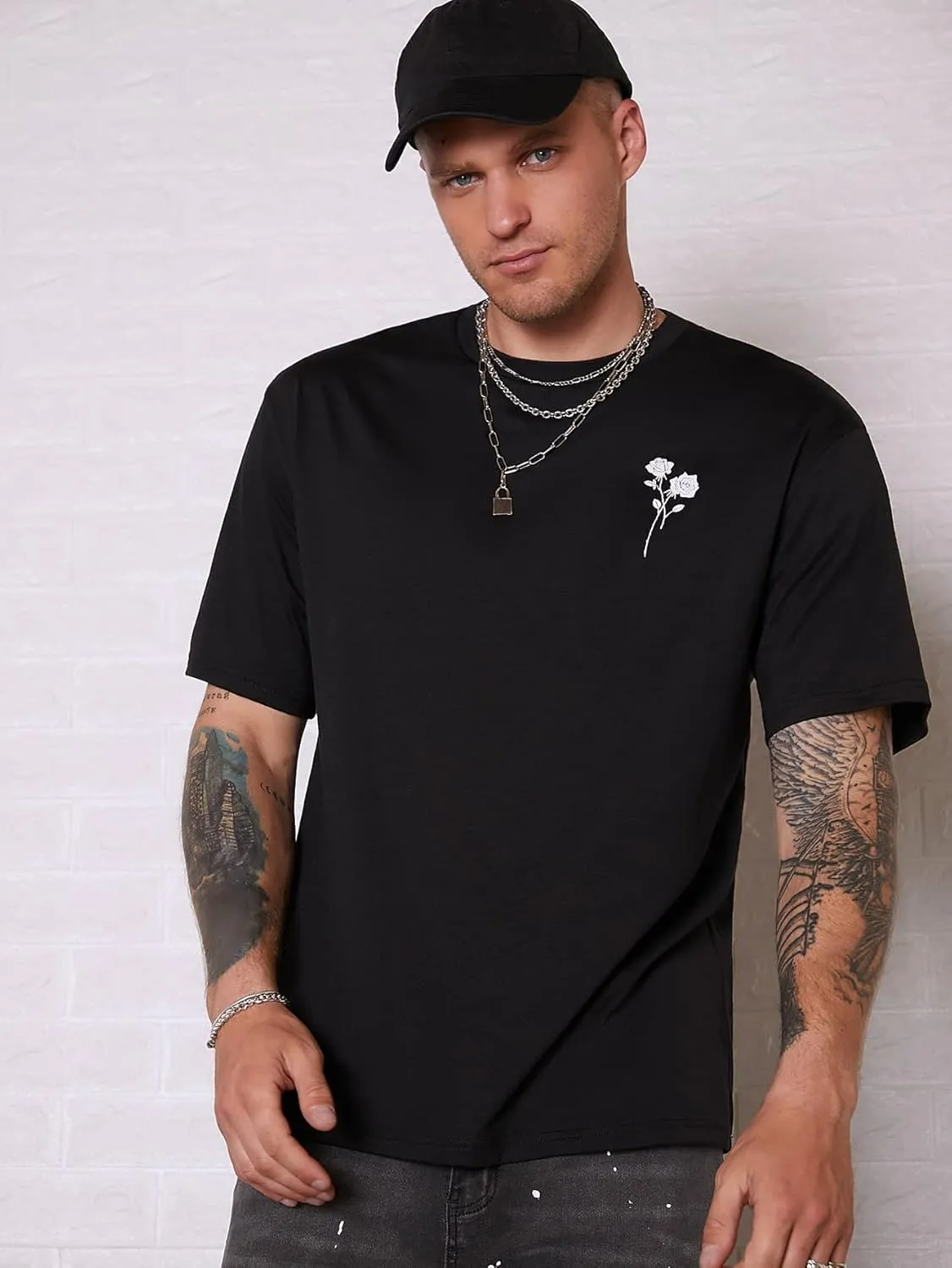 SHENHE Men's Graphic Floral Letter Print Short Sleeve Round Neck T Shirt Tee Tops