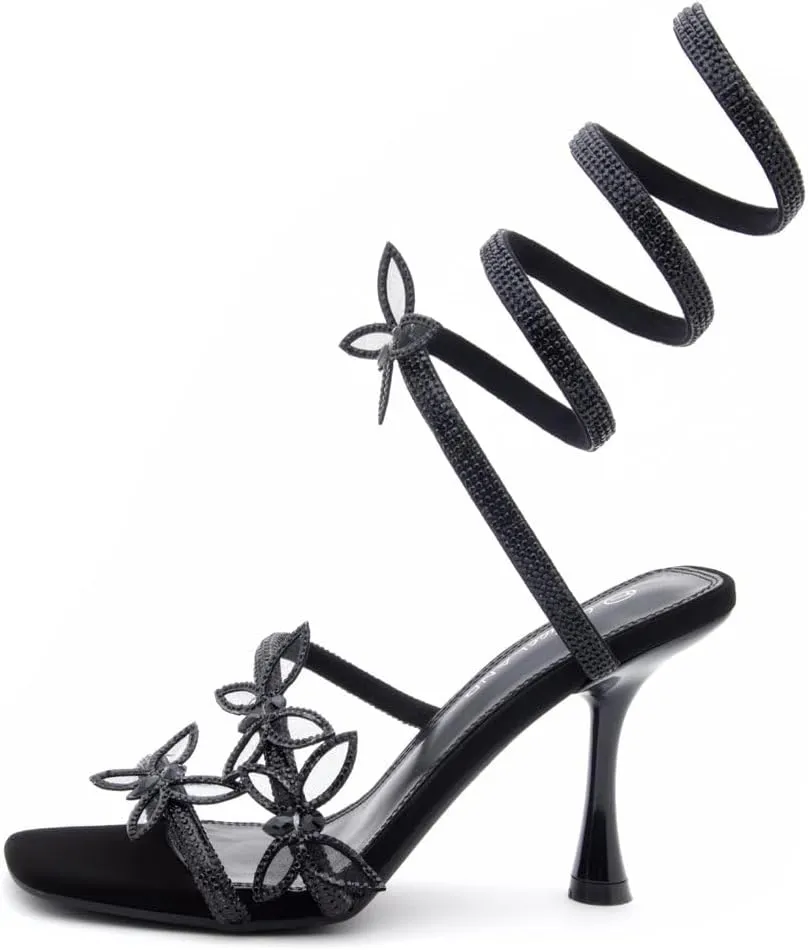 Shoe Land Charming2 Women's Rhinestone Heels, Square Open Toe High Stilettos with Spiral Ankle Wrap Strap – Coil Spiral High Heeled Crystal Dress Sandals for Party