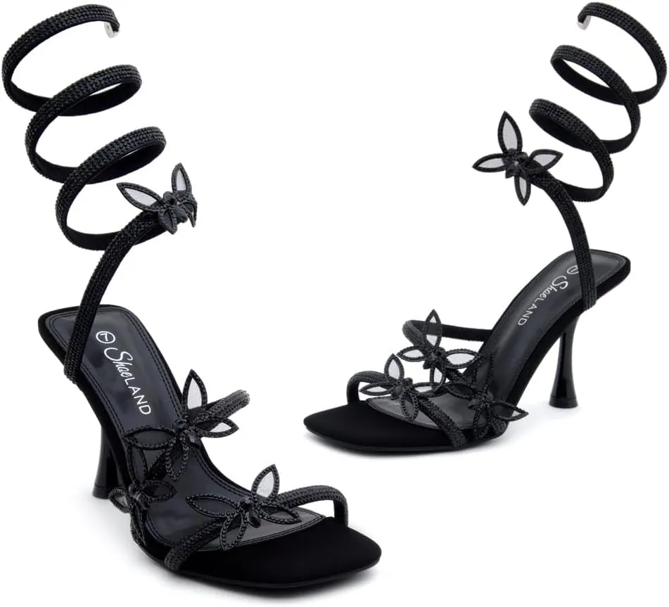 Shoe Land Charming2 Women's Rhinestone Heels, Square Open Toe High Stilettos with Spiral Ankle Wrap Strap – Coil Spiral High Heeled Crystal Dress Sandals for Party