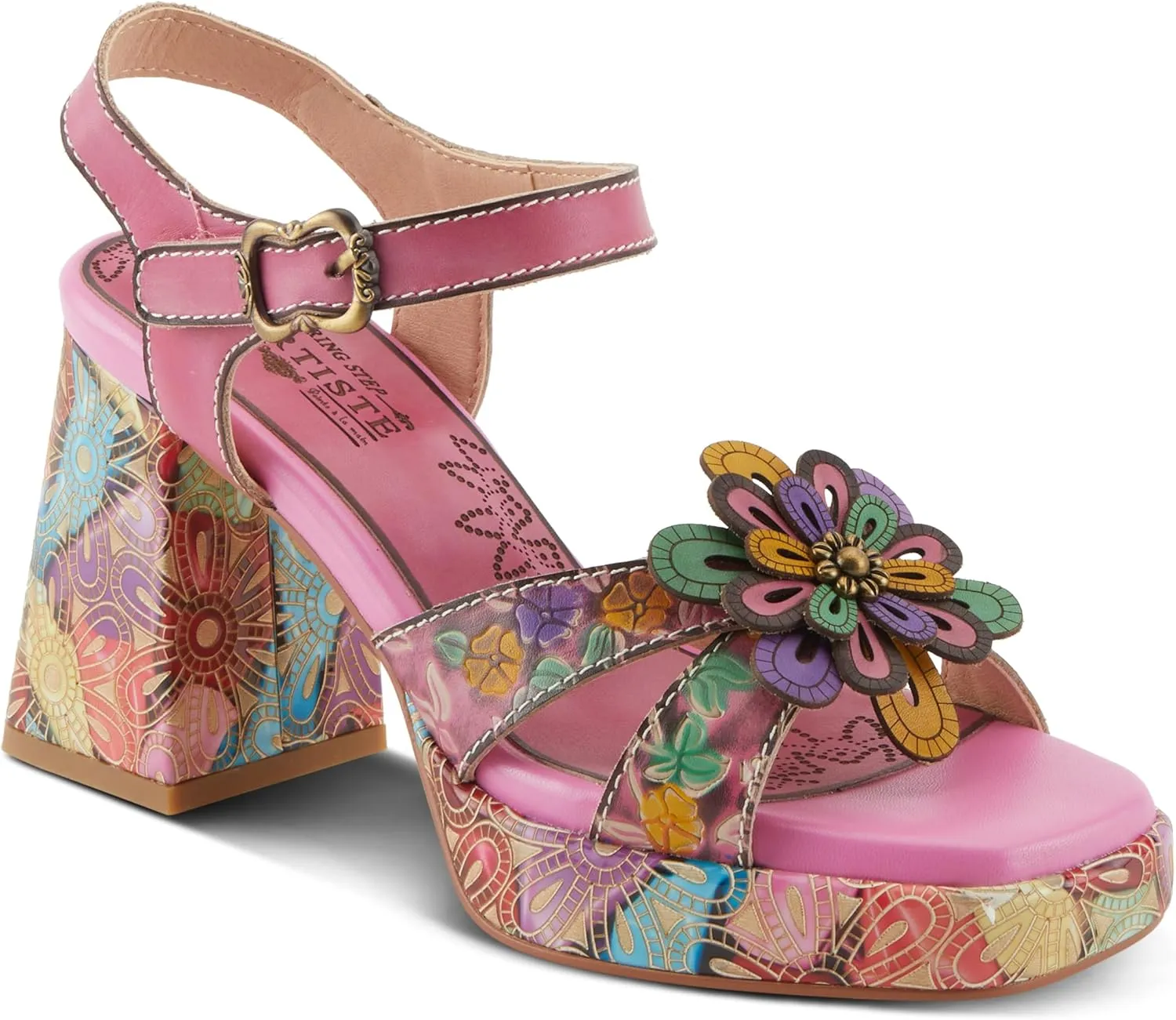 Spring Step L'Artiste Women's REFLECTIVE Platform Heeled Sandals - Chunky Heel, Hand-Painted Flower Detail, Padded Insole