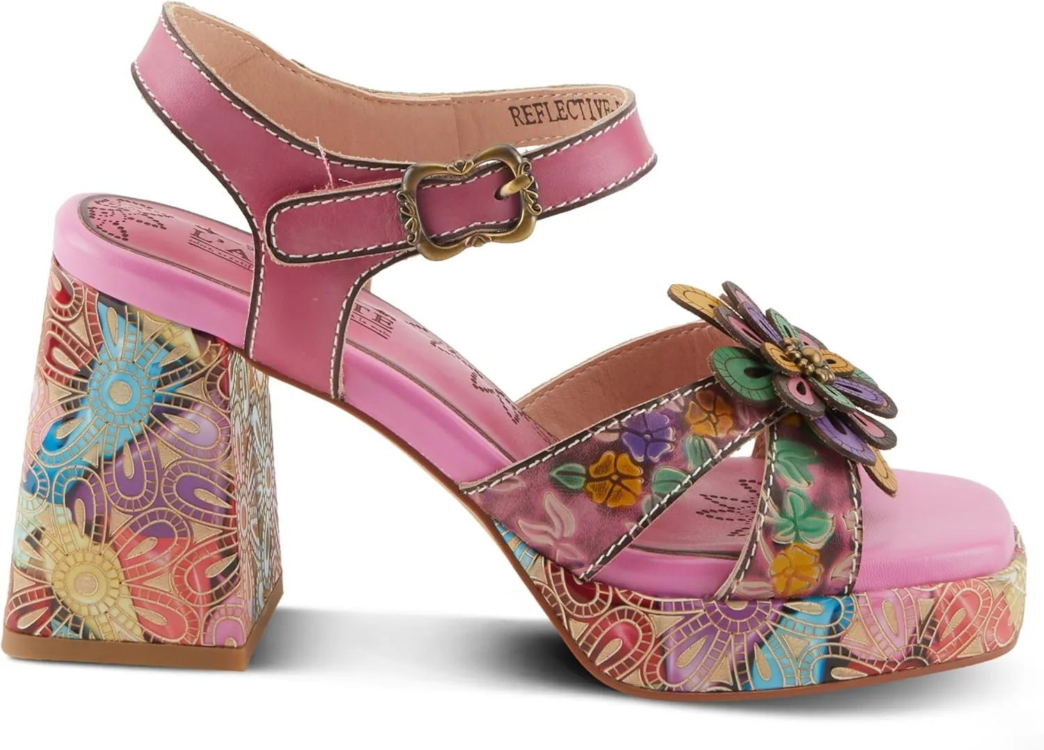 Spring Step L'Artiste Women's REFLECTIVE Platform Heeled Sandals - Chunky Heel, Hand-Painted Flower Detail, Padded Insole