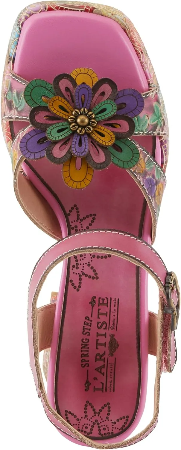 Spring Step L'Artiste Women's REFLECTIVE Platform Heeled Sandals - Chunky Heel, Hand-Painted Flower Detail, Padded Insole