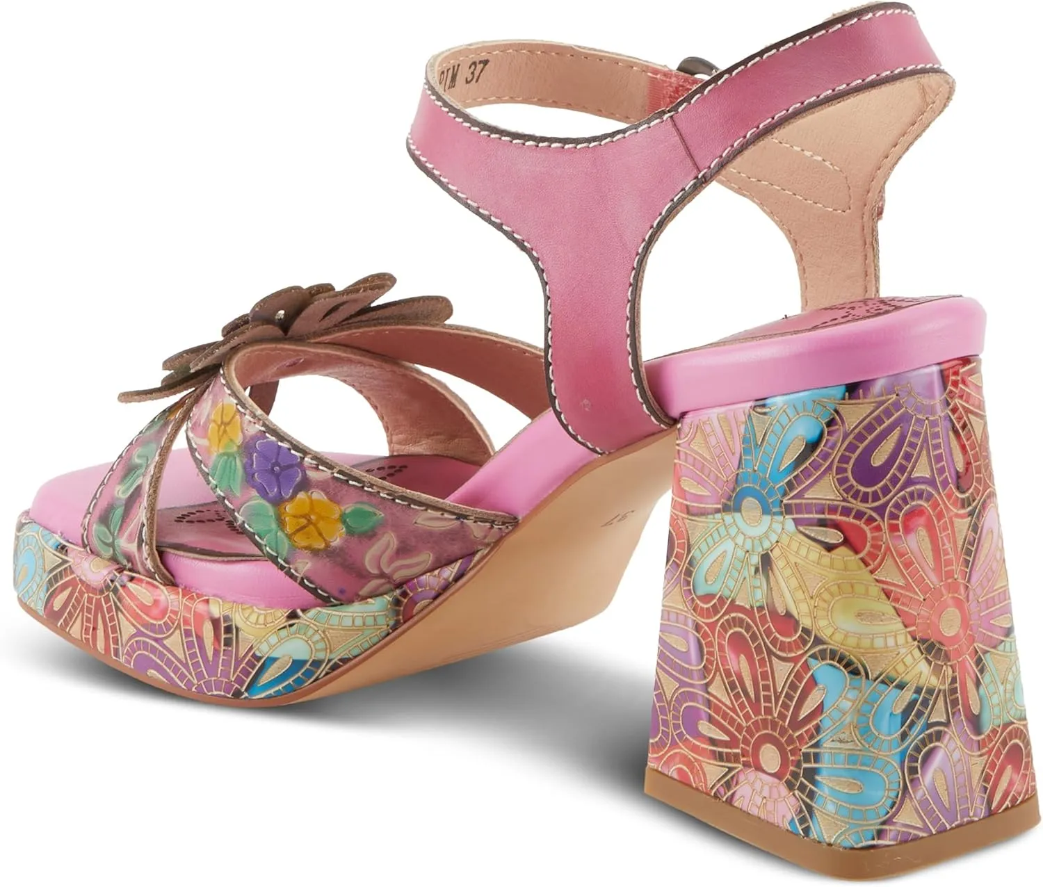 Spring Step L'Artiste Women's REFLECTIVE Platform Heeled Sandals - Chunky Heel, Hand-Painted Flower Detail, Padded Insole