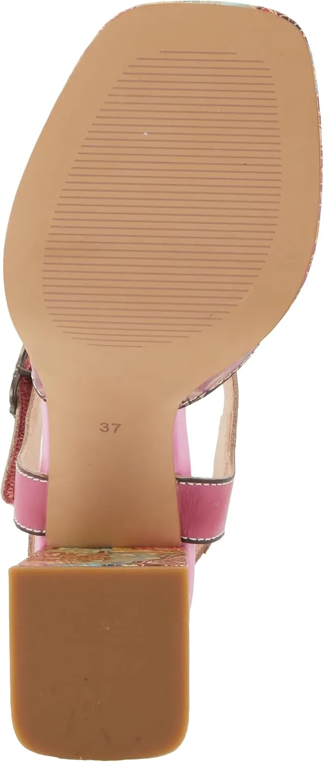 Spring Step L'Artiste Women's REFLECTIVE Platform Heeled Sandals - Chunky Heel, Hand-Painted Flower Detail, Padded Insole