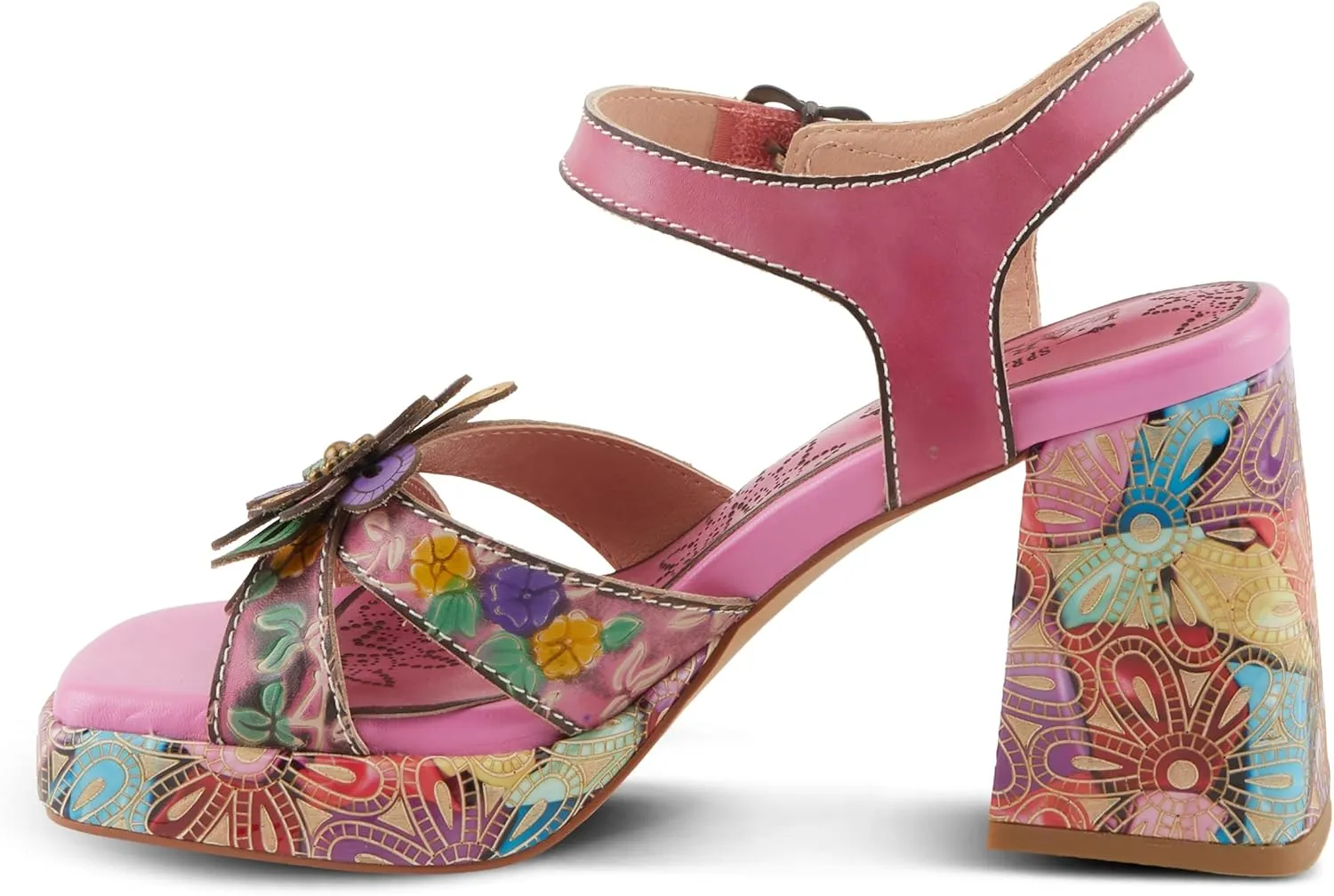 Spring Step L'Artiste Women's REFLECTIVE Platform Heeled Sandals - Chunky Heel, Hand-Painted Flower Detail, Padded Insole