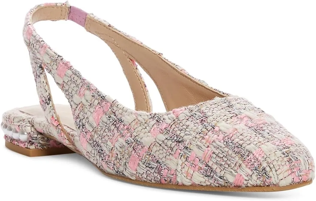 Stuart Weitzman Womens Pink Plaid Slingback Embellished Pearl Round Toe Block Heel Slip On Flats Shoes 9.5 B