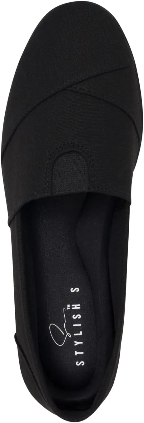 STYLISH S Comet ~ Women's Linen Seam Front Slip-On Flats Memory Foam Gel Insole (All Black Linen, 11)