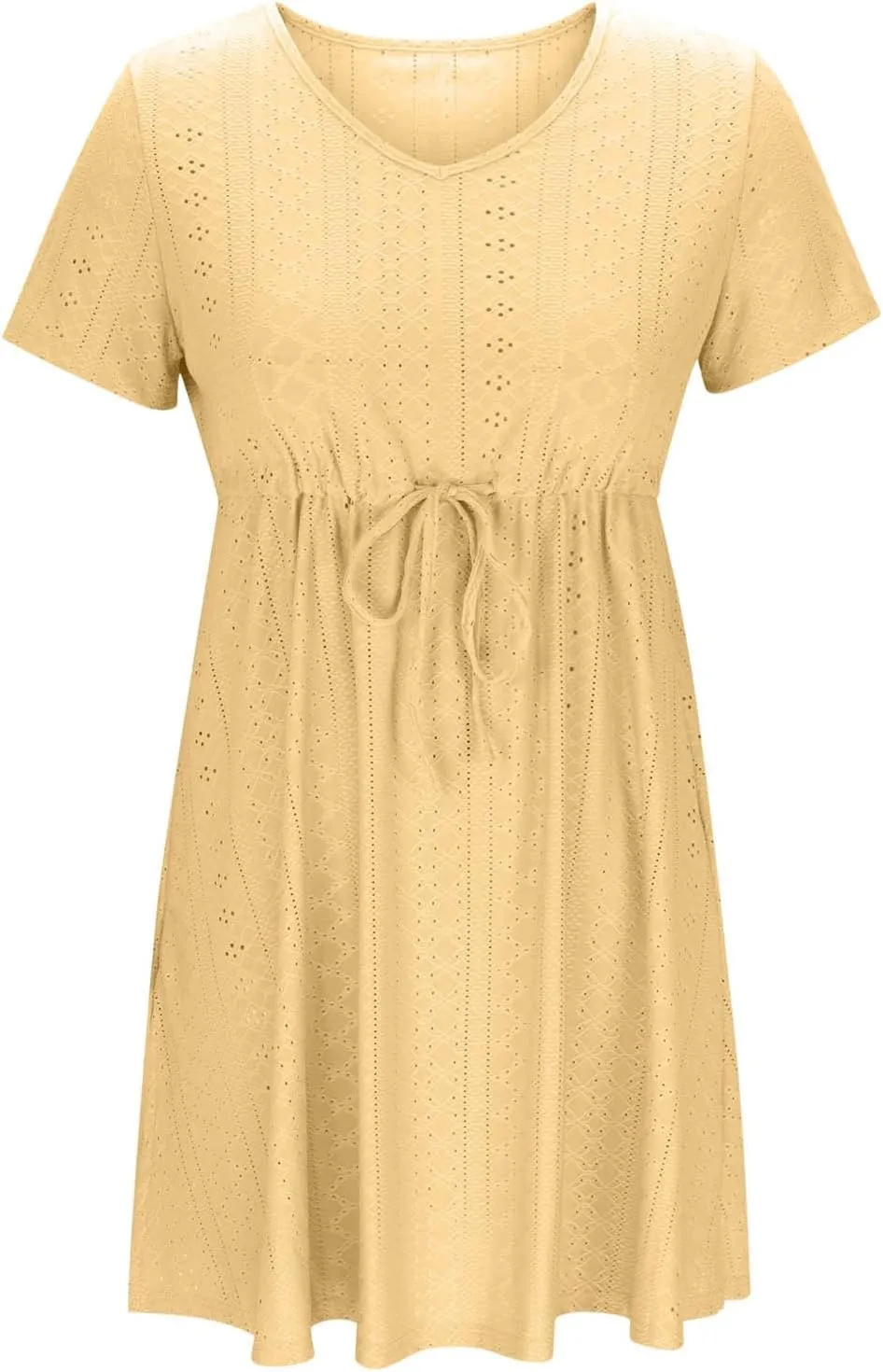 Sundresses for Women 2025 Beach Vacation Cover Ups Eyelet Tshirt Dress Casual V-Neck Drawstring Slit Flowy Mini Dress