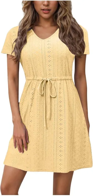 Sundresses for Women 2025 Beach Vacation Cover Ups Eyelet Tshirt Dress Casual V-Neck Drawstring Slit Flowy Mini Dress