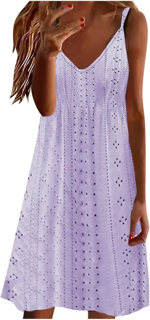Sundresses for Women 2025 Beach Vacation Lace Eyelet V Neck Mini Dress Sexy Spaghetti Strap Summer Flowy Beach Outfit