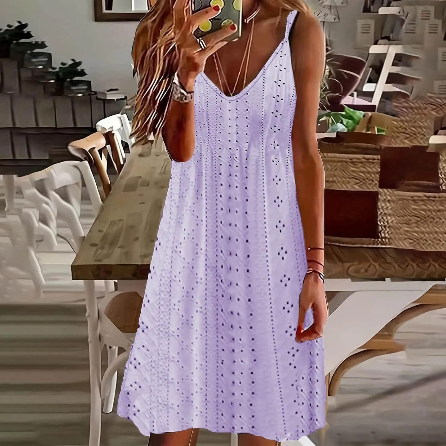 Sundresses for Women 2025 Beach Vacation Lace Eyelet V Neck Mini Dress Sexy Spaghetti Strap Summer Flowy Beach Outfit