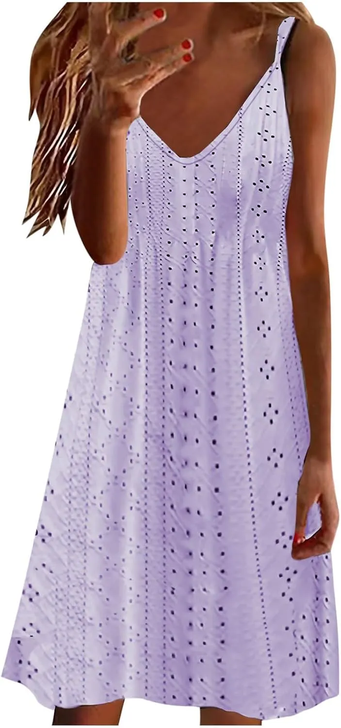 Sundresses for Women 2025 Beach Vacation Lace Eyelet V Neck Mini Dress Sexy Spaghetti Strap Summer Flowy Beach Outfit