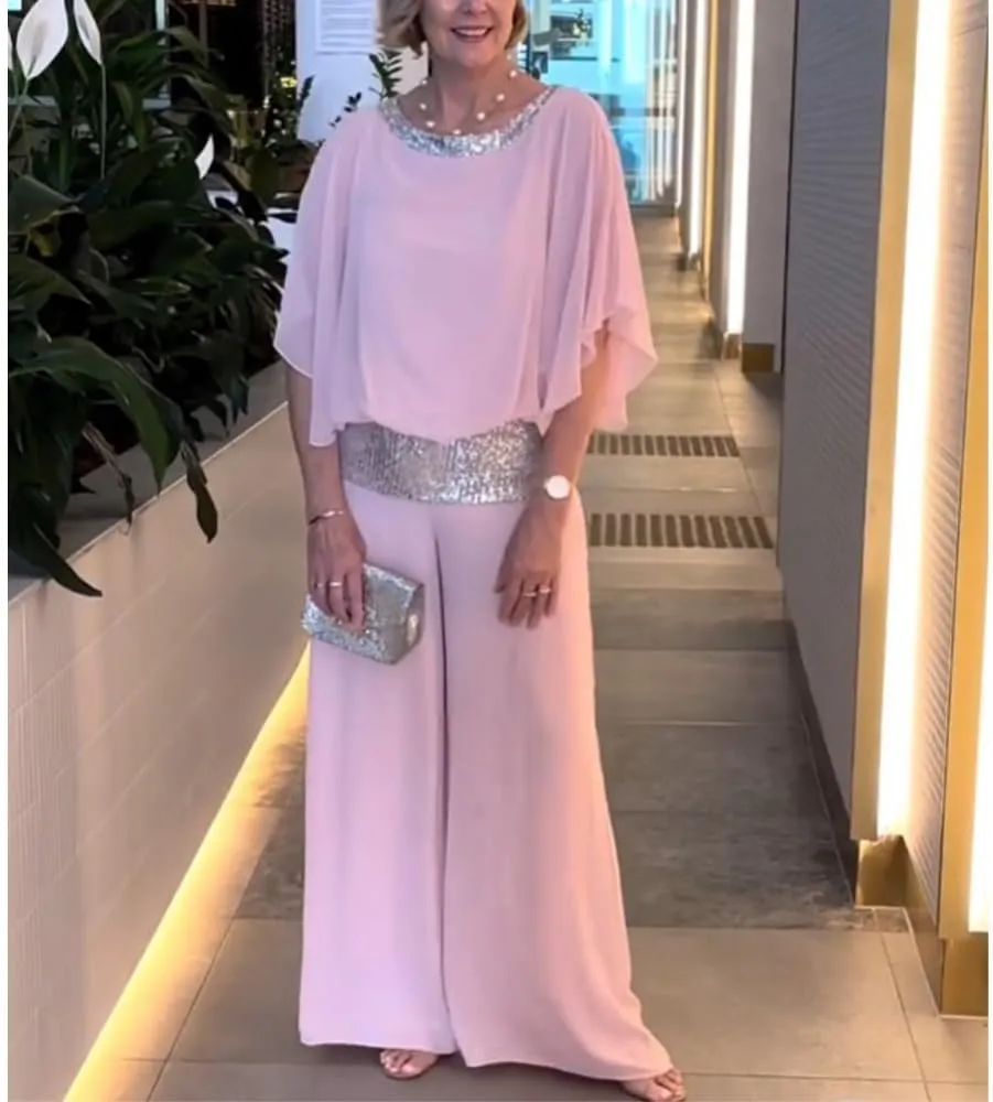 TIAFORD Women's 2 Piece Set Sequin Chiffon Pantsuit Elegant Loose Wedding Guest Wide Leg Pant Suits Formal Cocktail Outfits