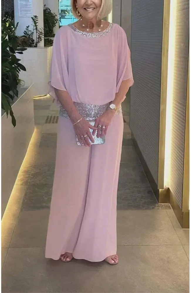 TIAFORD Women's 2 Piece Set Sequin Chiffon Pantsuit Elegant Loose Wedding Guest Wide Leg Pant Suits Formal Cocktail Outfits