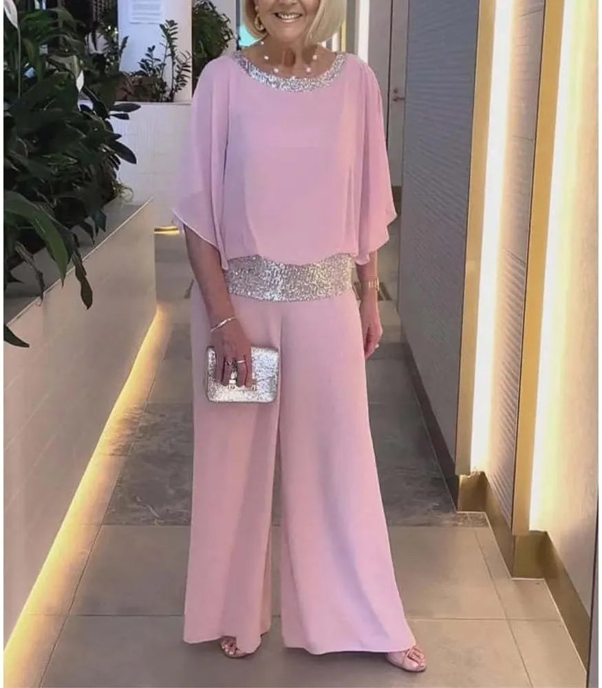 TIAFORD Women's 2 Piece Set Sequin Chiffon Pantsuit Elegant Loose Wedding Guest Wide Leg Pant Suits Formal Cocktail Outfits