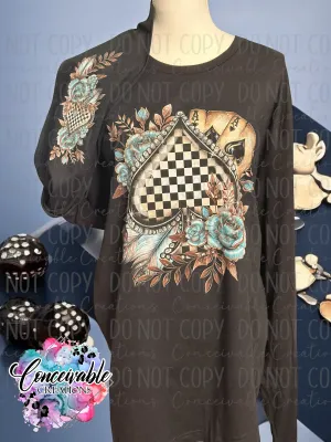 Turquoise Floral Checker Spades Black T-Shirt