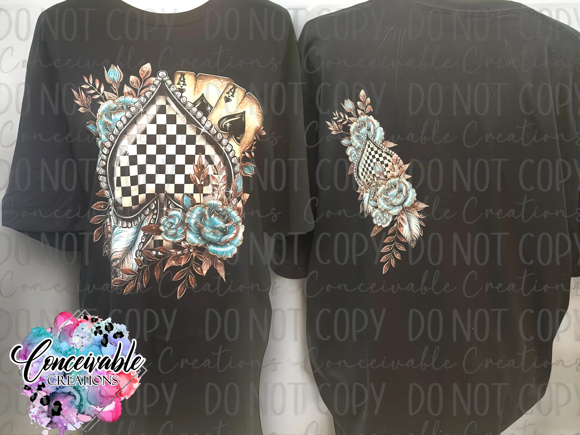 Turquoise Floral Checker Spades Black T-Shirt