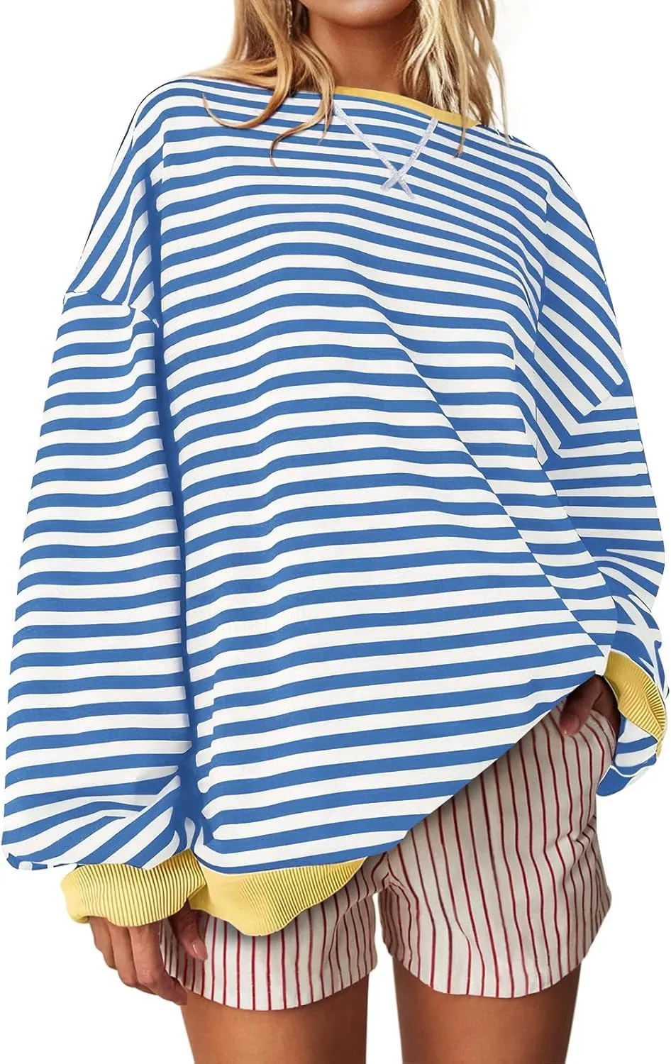 UEU Women Oversized Striped Crewneck Sweatshirt Long Sleeve Color Block Pullover Tops Casual Loose Workout Shirt