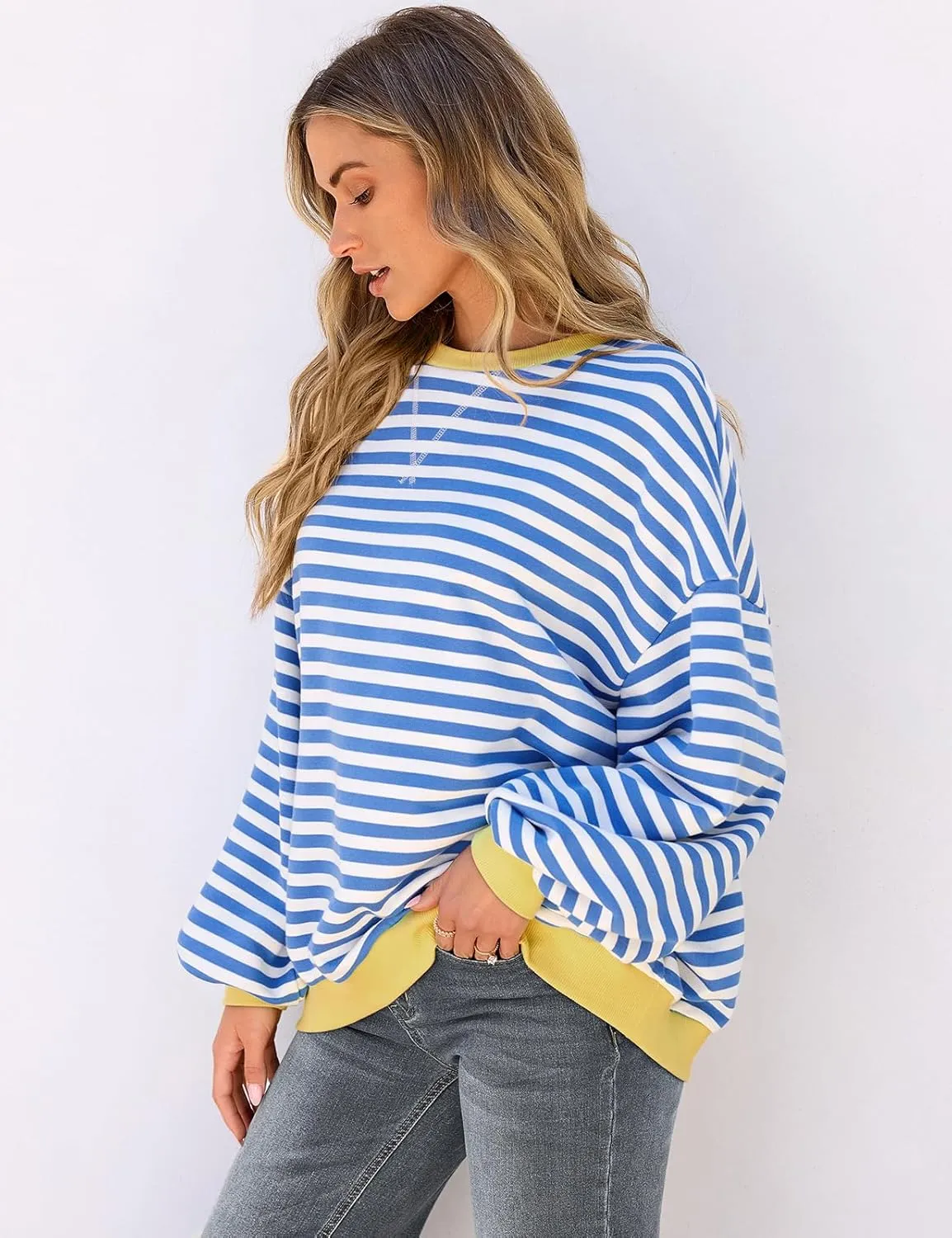 UEU Women Oversized Striped Crewneck Sweatshirt Long Sleeve Color Block Pullover Tops Casual Loose Workout Shirt