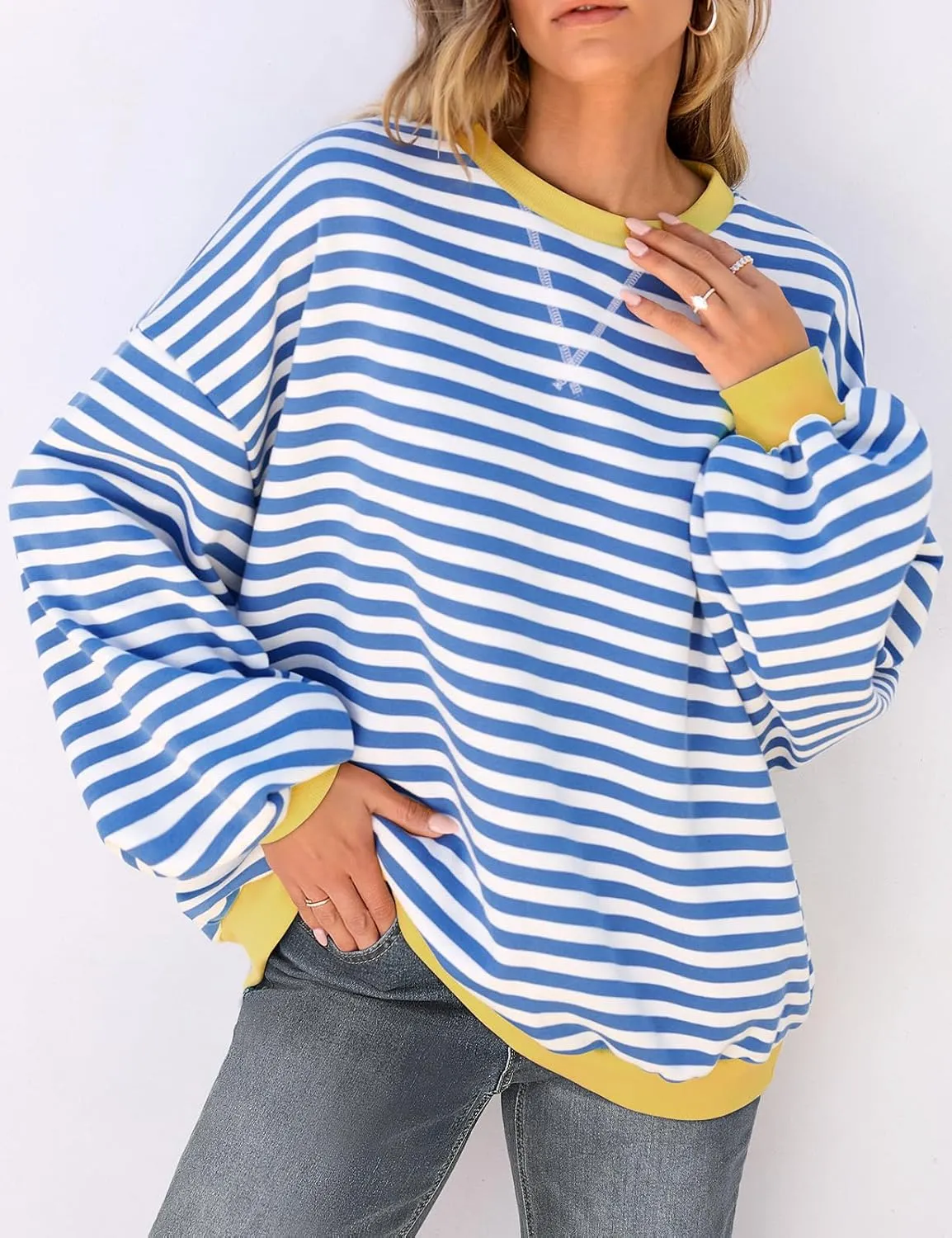 UEU Women Oversized Striped Crewneck Sweatshirt Long Sleeve Color Block Pullover Tops Casual Loose Workout Shirt
