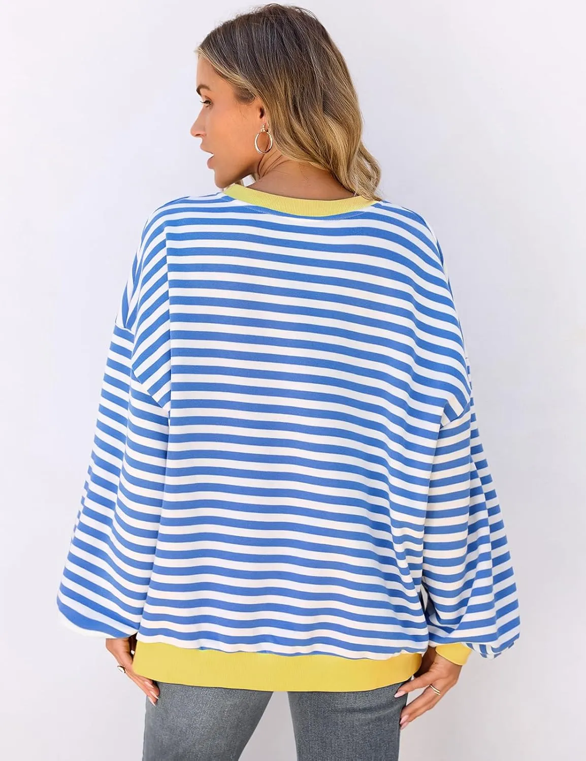 UEU Women Oversized Striped Crewneck Sweatshirt Long Sleeve Color Block Pullover Tops Casual Loose Workout Shirt
