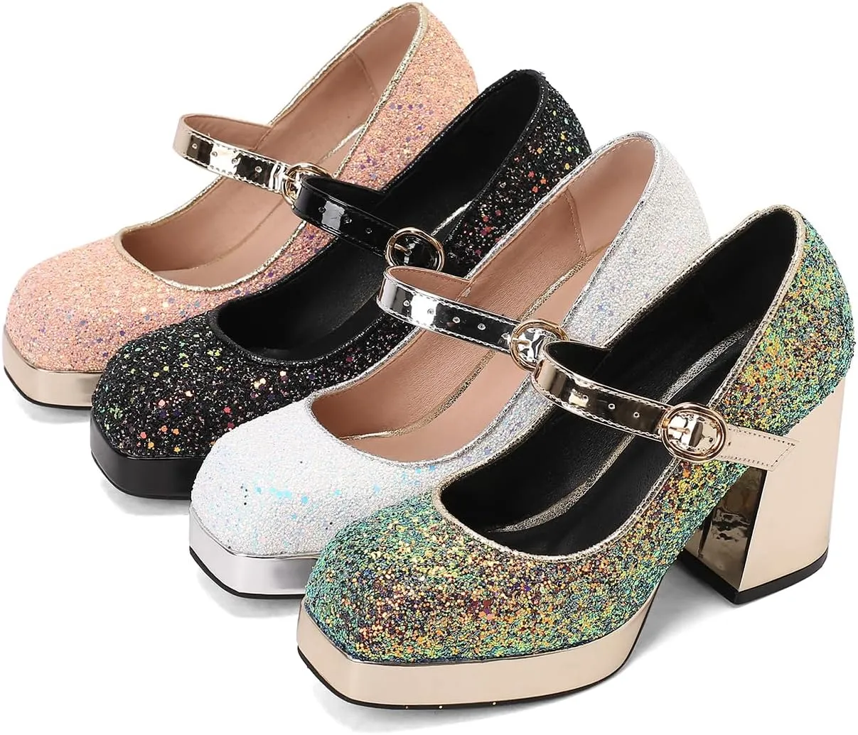 UniqueStride Womens Sequins Platform Pumps Mary Jane Block Heel Square Toe Glitter High Heels