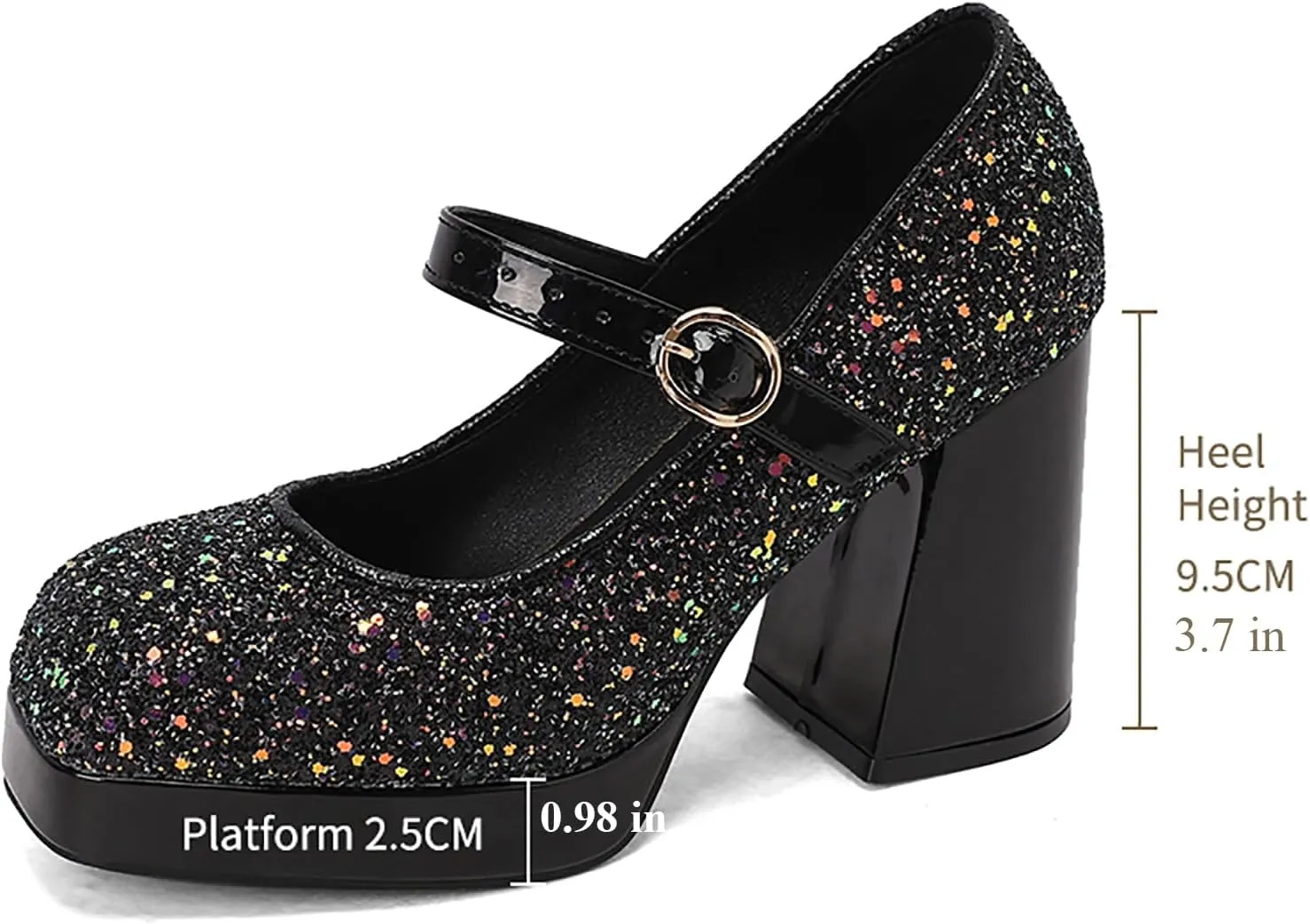 UniqueStride Womens Sequins Platform Pumps Mary Jane Block Heel Square Toe Glitter High Heels