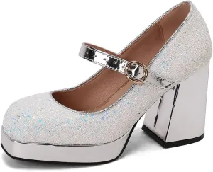 UniqueStride Womens Sequins Platform Pumps Mary Jane Block Heel Square Toe Glitter High Heels