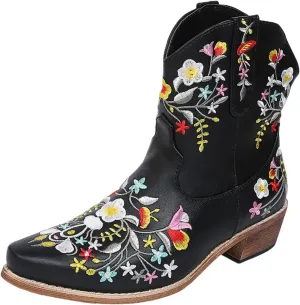 UOQAPRE Western Cowgirl Cowboy Ankle Boots for Women or Ladies,Chunky Heel Mid Calf Ankle Boots Pointed Toe Short Booties