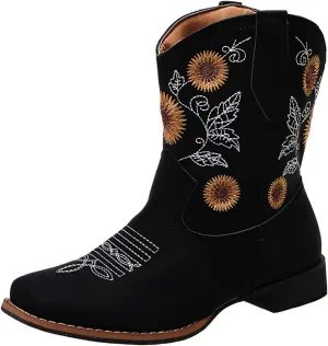 UOQAPRE Western Cowgirl Cowboy Ankle Boots for Women or Ladies,Chunky Heel Mid Calf Ankle Boots Pointed Toe Short Booties