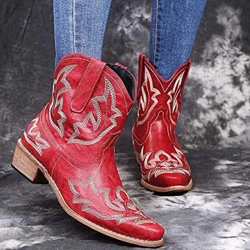 UOQAPRE Western Cowgirl Cowboy Ankle Boots for Women or Ladies,Chunky Heel Mid Calf Ankle Boots Pointed Toe Short Booties