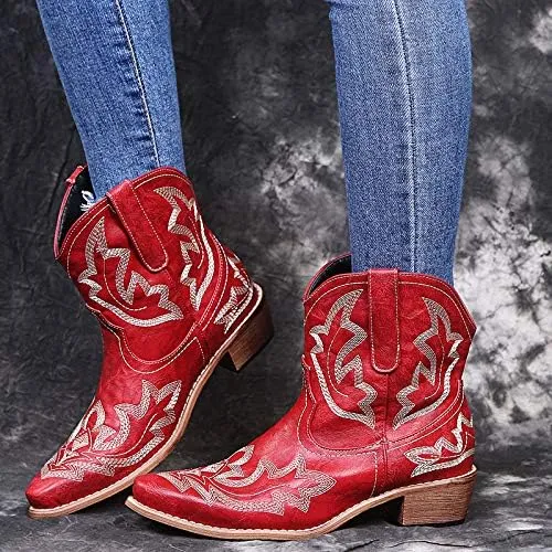 UOQAPRE Western Cowgirl Cowboy Ankle Boots for Women or Ladies,Chunky Heel Mid Calf Ankle Boots Pointed Toe Short Booties