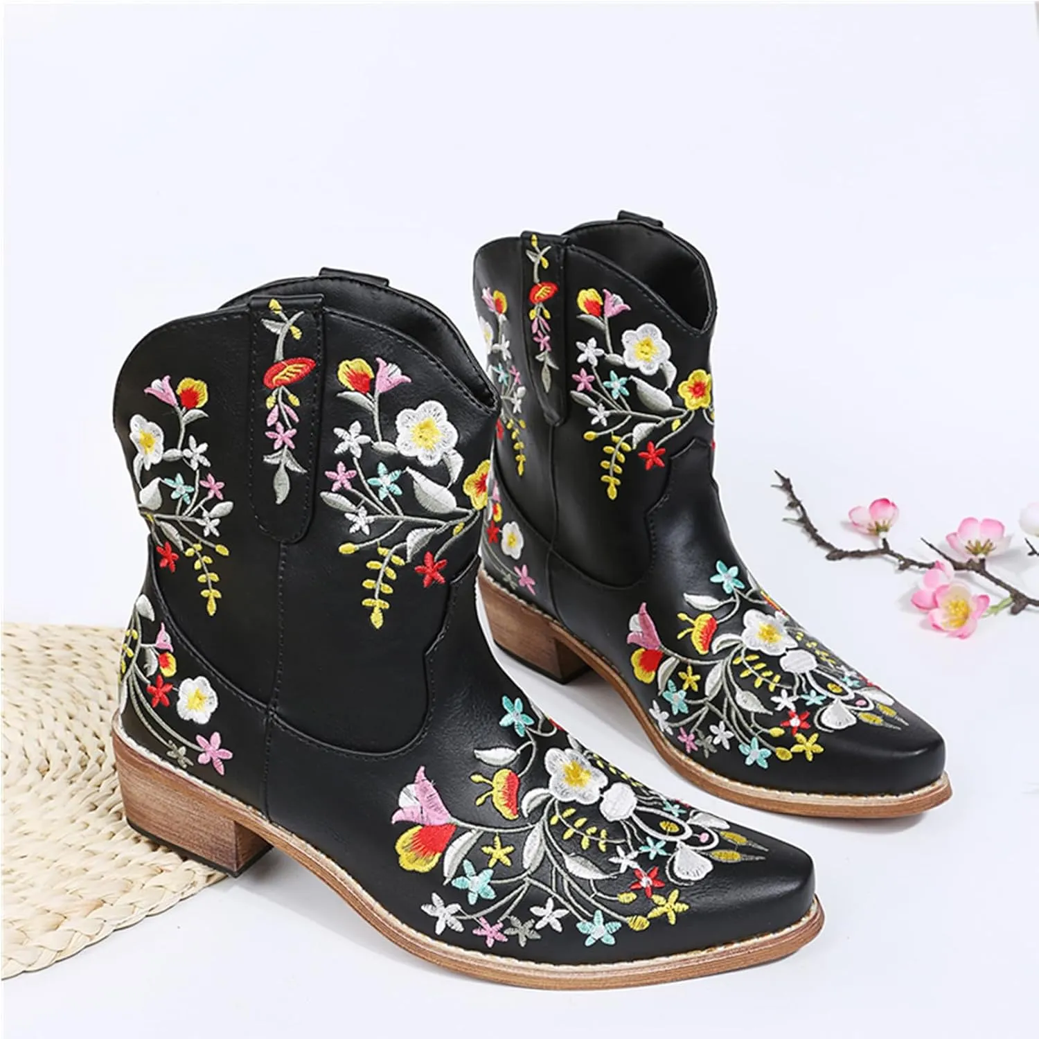UOQAPRE Western Cowgirl Cowboy Ankle Boots for Women or Ladies,Chunky Heel Mid Calf Ankle Boots Pointed Toe Short Booties