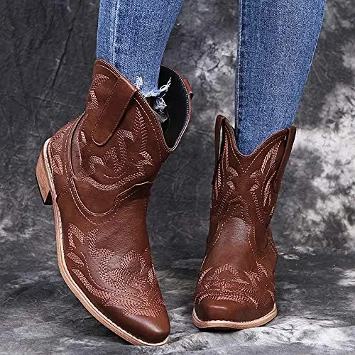 UOQAPRE Western Cowgirl Cowboy Ankle Boots for Women or Ladies,Chunky Heel Mid Calf Ankle Boots Pointed Toe Short Booties