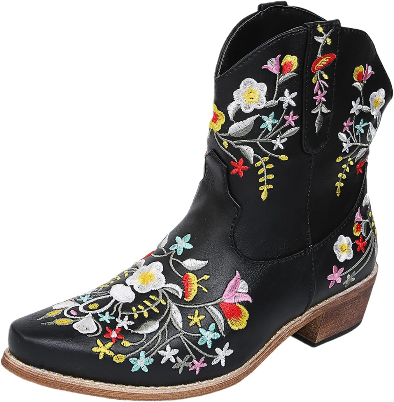 UOQAPRE Western Cowgirl Cowboy Ankle Boots for Women or Ladies,Chunky Heel Mid Calf Ankle Boots Pointed Toe Short Booties
