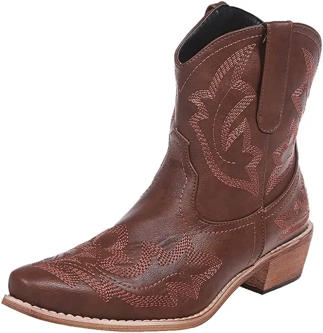 UOQAPRE Western Cowgirl Cowboy Ankle Boots for Women or Ladies,Chunky Heel Mid Calf Ankle Boots Pointed Toe Short Booties
