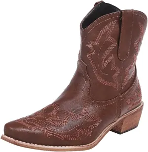 UOQAPRE Western Cowgirl Cowboy Ankle Boots for Women or Ladies,Chunky Heel Mid Calf Ankle Boots Pointed Toe Short Booties