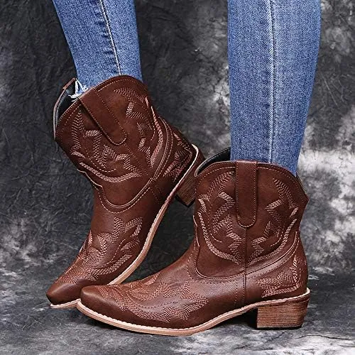 UOQAPRE Western Cowgirl Cowboy Ankle Boots for Women or Ladies,Chunky Heel Mid Calf Ankle Boots Pointed Toe Short Booties